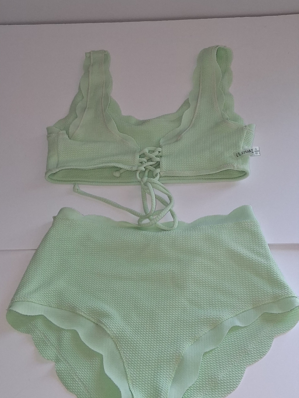 ZAFUL Light Green Scallop Lace-Up Bralette & High-Waist Swimsuit Women's Size 6